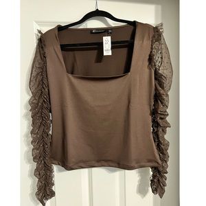 New York & Company Mesh Dot Ruched Sleeve Top